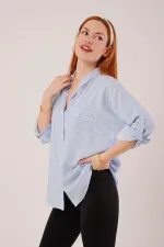Cep Detay Mavi Oversize Çizgili Toptan Gömlek
