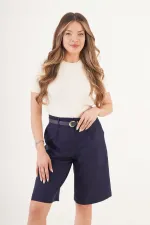 Toptan Kemerli Cepli Lacivert Bermuda Şort