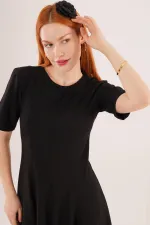 Dikiş Detaylı Kısa Kollu Toptan Siyah Uzun Elbise