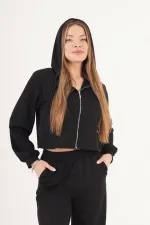 Modal Hırka Pantolon Crop Siyah Toptan Üçlü Takım