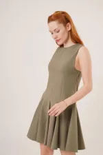 Sıfır Kol Pileli Toptan Haki Mini Elbise