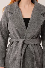 Beli Kuşaklı Astarlı Toptan Antrasit Kaşe Kaban