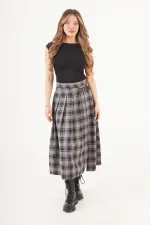 Kemer Detaylı Yan Yırtmaçlı Gri Ekose Toptan Uzun Etek