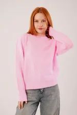 Bisiklet Yaka Düz Model Pembe Triko Toptan Kazak