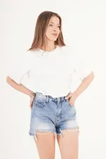 Short en jean taille haute et effet usé, vente en gros