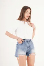 Short en jean taille haute et effet usé, vente en gros