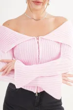 Madonna Yaka Full Fermuarlı Toptan Pembe Triko Bluz