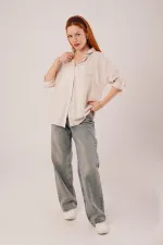 Cep Detay Krem Oversize Çizgili Toptan Gömlek