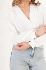 Göğüs Drapeli V Yaka Beyaz Toptan Bluz