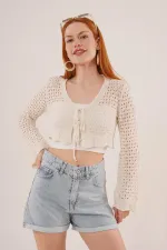 Ön Bağlamalı Ajurlu Crop Toptan Krem Hırka