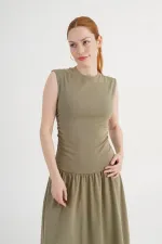 Khaki Wholesale Dress with Pleated Waist