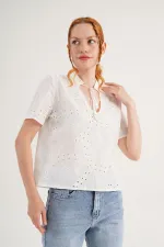 Güpürlü Püskül Bağcıklı Kısa Kol Toptan Beyaz Bluz