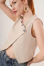 Double Buttoned Cross Model Beige Wholesale Vest