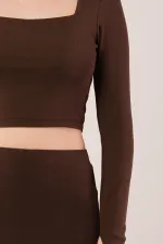 Kare Yaka Bluz Ve Yırtmaç Detaylı Etek Toptan İkili Kahverengi Takım