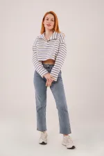 Polo Yaka Lacivert Çizgili Toptan Crop Sweatshirt