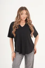 T-shirt noir basique à col en V sans couture, vente en gros