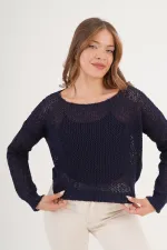 Wholesale Navy Blue Knitted Blouse with Wide Collar