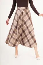 Kareli Yüksek Bel Trend Bej Toptan Etek