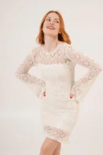 Openwork Boat Neck Wholesale Ecru Dress