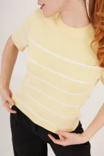 Çizgili Kısa Kol Sarı Toptan Bluz