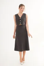 Ensemble gilet et jupe haut de gamme en daim noir, vente en gros