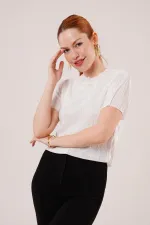 Fitilli Kısa Kollu Parlak Toptan Beyaz Bluz