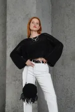 Ajurlu Bisiklet Yaka Siyah Toptan Bluz