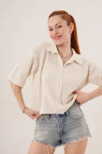 Cardigan boutonné à manches mi-longues et épaules dénudées, couleur crème, en gros