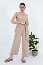 Arkası Fermuarlı Beli Kuşaklı Toptan Vizon Tulum