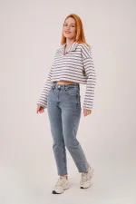 Polo Yaka Lacivert Çizgili Toptan Crop Sweatshirt