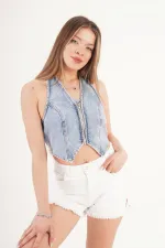Distressed Beyaz Denim Toptan Şort