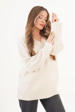 Pull en maille côtelée épaisse à col en V orné de pierres, en gros