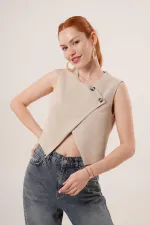 Double Buttoned Cross Model Beige Wholesale Vest