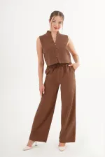 Kolsuz Yelek Bol Pantolon Süet Taba Toptan Takım