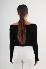 Madonna Yaka Full Fermuarlı Toptan Siyah Triko Bluz