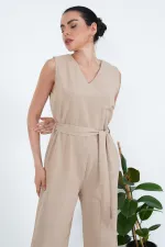 Arkası Fermuarlı Beli Kuşaklı Toptan Vizon Tulum