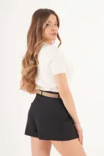 Kemerli Piliseli Siyah Mini Şort Etek