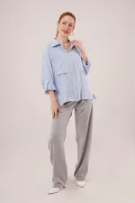 Yarasa Kol Çizgili Cep Detaylı Toptan Mavi Gömlek