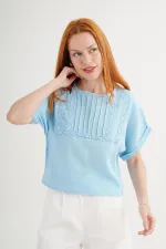 Ön Dantel Detaylı Toptan Mavi Bluz