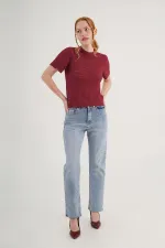 Örgü Model Kısa Kol Toptan Bordo Triko Bluz