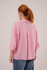 Yarasa Kol Çizgili Cep Detaylı Toptan Pembe Gömlek