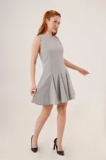 Sıfır Kol Pileli Toptan Gri Mini Elbise