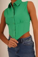 Korse Detay Kısa Kollu Toptan Yeşil Gömlek