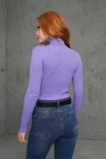 Boğazlı Fitil Detaylı Toptan Triko Lila Kazak