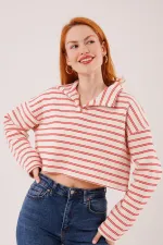 Polo Yaka Kırmızı Çizgili Toptan Crop Sweatshirt