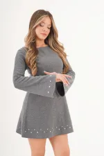 Selanik Örgü Taşlı Toptan Gri Elbise