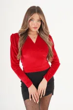 Blouse rouge rembourrée en velours à col cache-cœur, vendue en gros