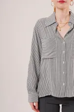 Yarasa Kol Çizgili Cep Detaylı Toptan Gri Gömlek