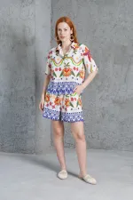 Desenli Şortlu Keten Toptan Bej İkili Takım