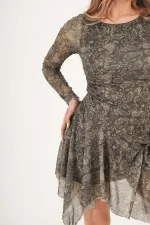 Desenli Asimetrik Kesim Tüllü Toptan Haki Elbise